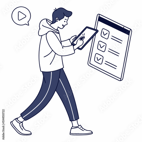 Young man using tablet checklist app video