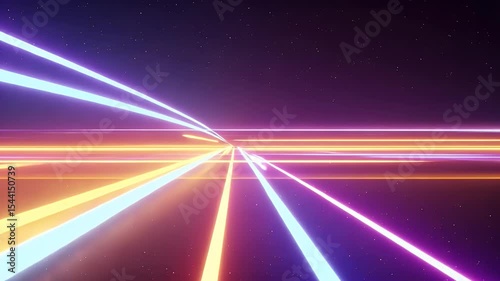 Futuristic digital landscape with vibrant blue, purple, and orange light trails.