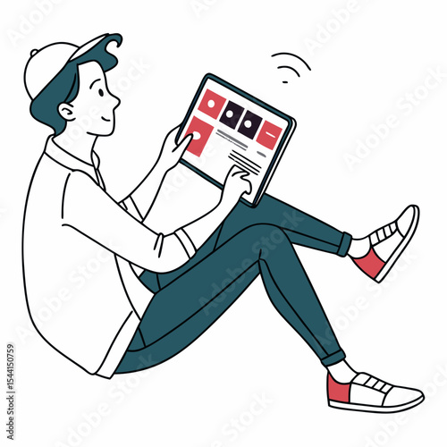 Young man using tablet casual sitting pose