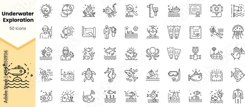 A diverse collection of icons illustrating underwater exploration, featuring marine life, equipment, and activities related to diving and ocean research.