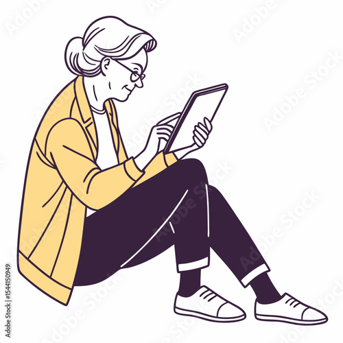Senior woman sitting floor using tablet device
