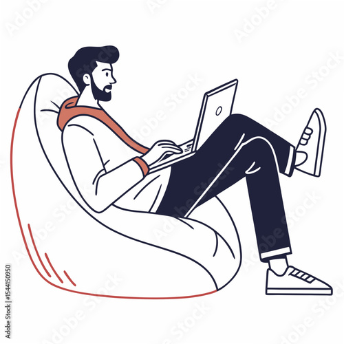 Relaxed man working on laptop bean bag chair