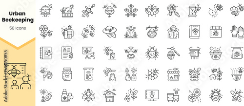 A collection of urban beekeeping icons featuring bees, flowers, and honey-related themes in a minimalist style, showcasing the essence of city beekeeping.