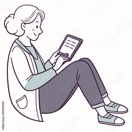 Senior woman sitting floor using tablet device