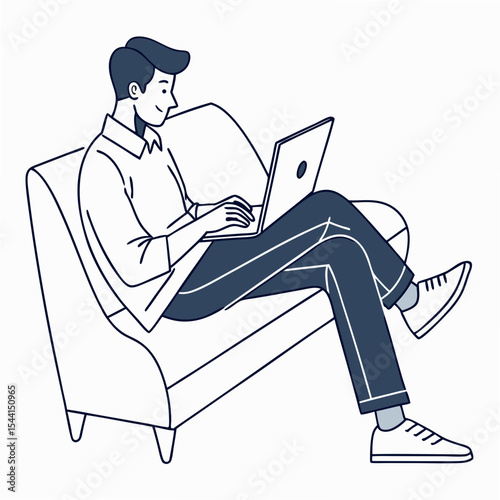 Man working on laptop, relaxed on sofa, clean cutout