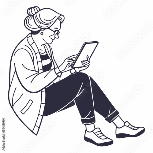 Senior woman sitting using tablet digital device