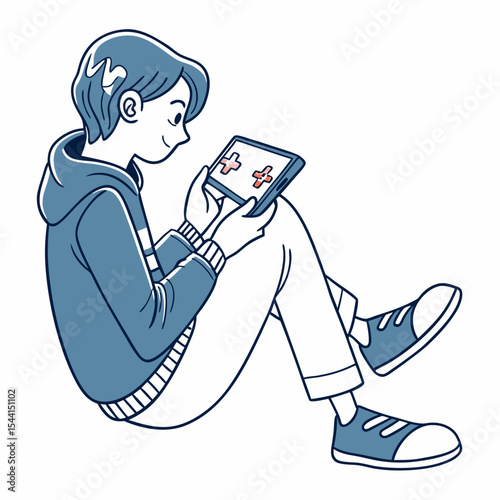 Teenager playing handheld video game console