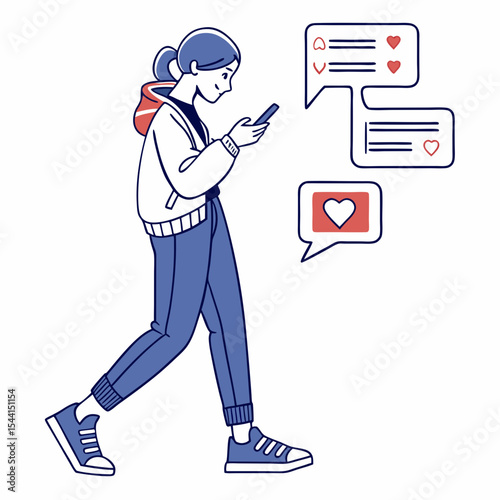 Young woman walking using smartphone social media likes