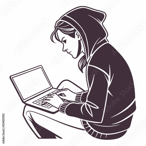 Woman in hoodie using laptop computer working