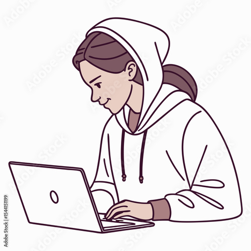 Young woman in hoodie using laptop computer