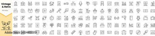 A collection of vintage and retro icons, featuring plants, appliances, and everyday items in a minimalist black and white design.