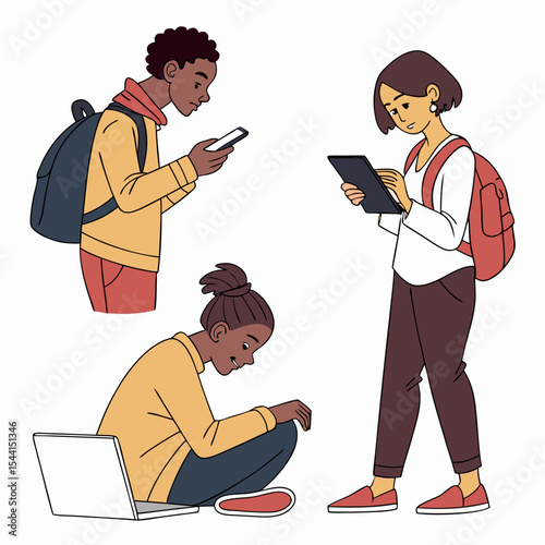 Diverse students using technology gadgets backpacks