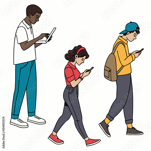 Diverse young adults using technology while walking