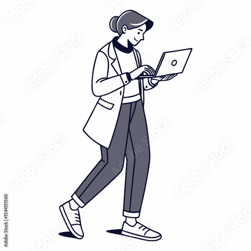 Woman walking using laptop computer device technology
