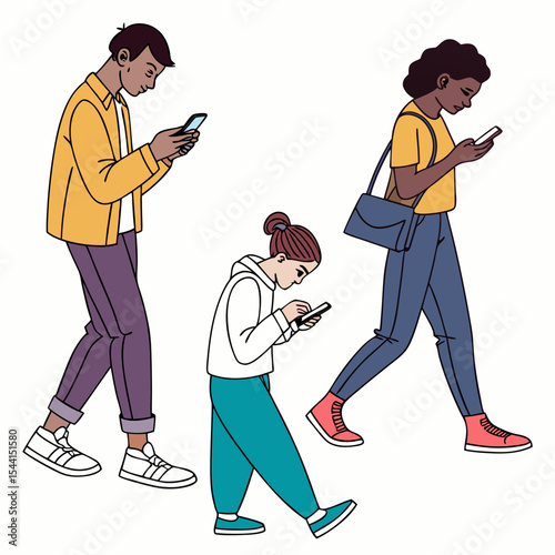 Diverse people walking using smartphones mobile phones