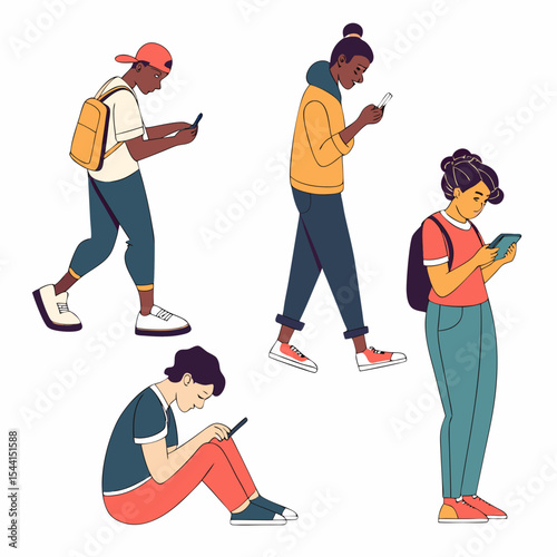 Diverse teens using smartphones modern technology