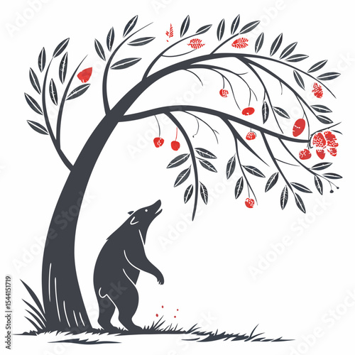 Bear looking up at a fruit tree