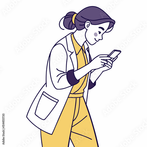 Woman in white coat using smartphone stylish illustration
