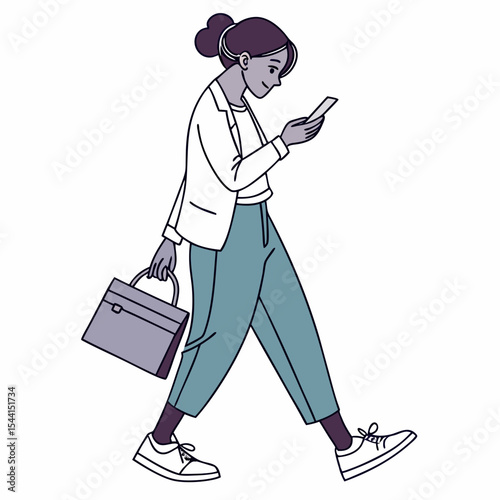 Woman walking smartphone business casual outfit