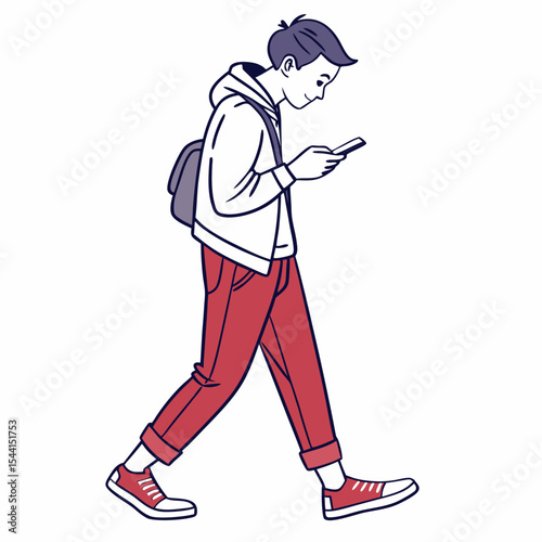 Young man walking using smartphone mobile phone