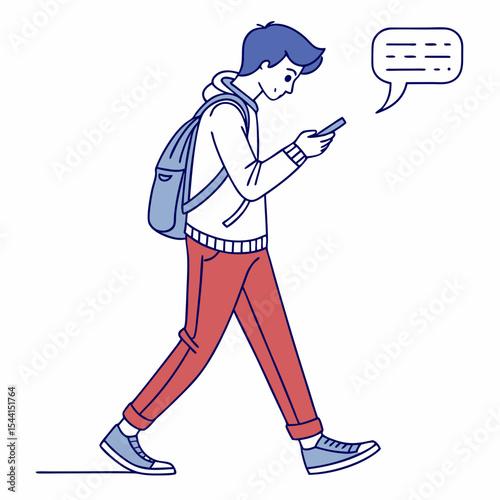 Young man walking texting smartphone backpack student