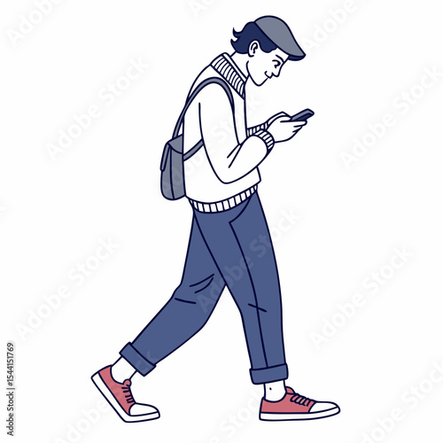 Young man walking using smartphone mobile phone