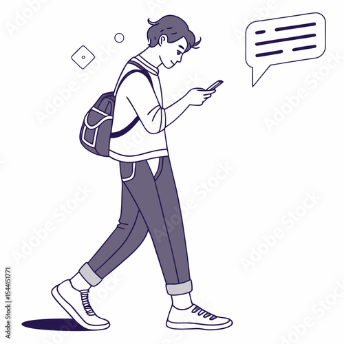 Young man walking using smartphone texting message