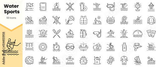 A collection of water sports icons, featuring various activities and equipment like surfboards, life rings, and swimming medals, illustrated in a minimalist style.