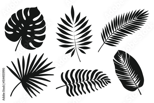 Stylish Black Tropical Leaf Vector Icon Set for Nature and Decor Design Projects