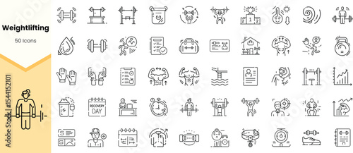 A diverse collection of weightlifting icons featuring various fitness activities, equipment, and exercises in a minimalist style.