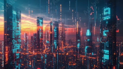 Futuristic cityscape with digital data streams at sunset, showcasing advanced technology and urban innovation