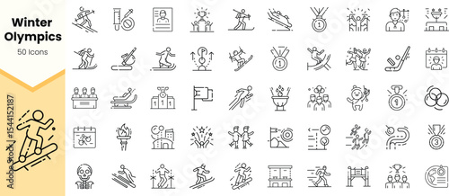 A collection of linear icons representing various events and activities associated with the Winter Olympics, showcasing sportsmanship and competition.