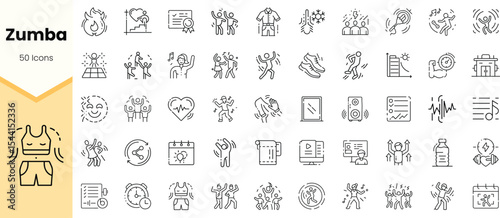 A diverse collection of Zumba-themed icons showcasing fitness, dancing, and health in a playful, engaging style with energetic line art.