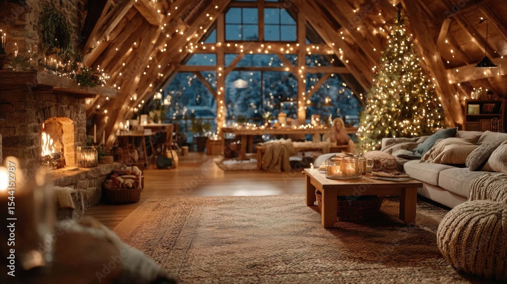 Obraz premium Attic Interior with Fireplace and Christmas Tree with Wooden Beams and Fairy Lights Creates a Festive and Warm