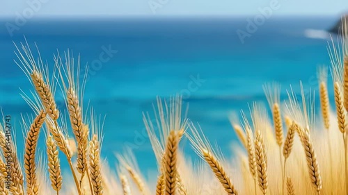 Golden wheat field swaying gently near the turquoise sea on a sunny day