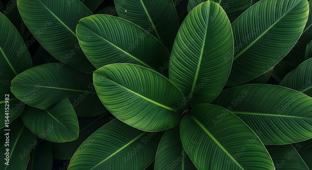 Naklejka premium Top-Down Close-Up of Lush Tropical Green Leaves with Prominent Veins, Creating an Immersive Natural Organic Pattern and Jungle Texture