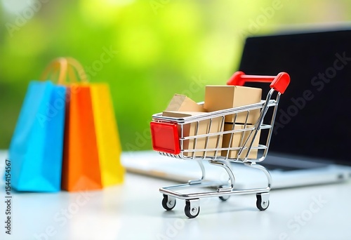 Generative AI online shopping concept with mini cart and laptop