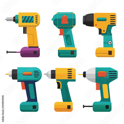 six electric drill set isolated on white background