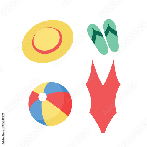 beach set, straw hat, red swimsuit, green flip-flops, beach ball, flat vector design elements for summer holiday