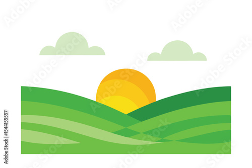 Serene Sunset Over Rolling Green Hills A Peaceful Landscape Illustration