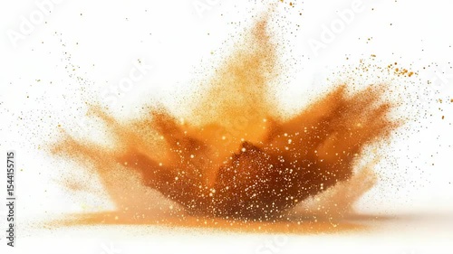 Dramatic explosion of vibrant orange powder against a clean white background