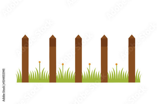 Wooden Fence with Grass and Flowers Simple Rural Landscape Illustration