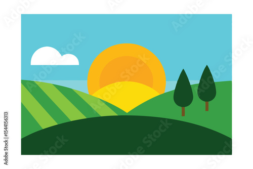 Serene Sunset over Rolling Hills A Peaceful Landscape Illustration