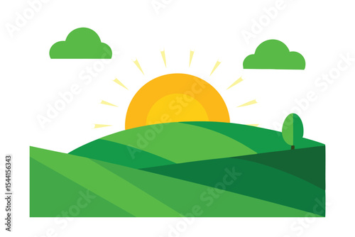 Sunrise Over Rolling Green Hills A Serene Landscape Illustration