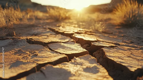 Cracked earth in arid landscape at sunset, close-up view