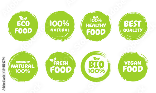 Green eco organic sticker and vegan natural product tag label with round stamp green color design collection