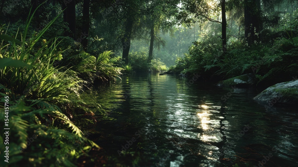 Obraz premium Lush Green Forest With Flowing Stream Sunlight Dappled Woods Peaceful Scene Abundant Vegetation Serene Environment