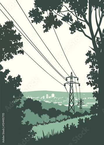 Vector illustration of power lines and pylons stretching over a green landscape with trees and a distant city skyline rendered in a stylized slightly retro