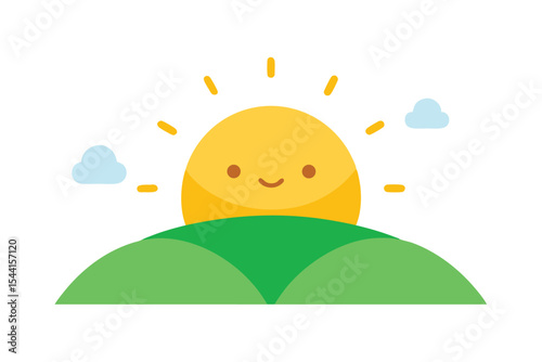 Smiling Sun: A cheerful cartoon sun beaming a happy face, its radiant glow gently cresting over a lush green hill, as fluffy clouds drift lazily in a bright blue sky.