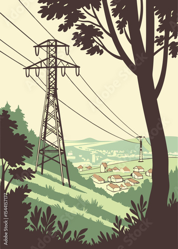 Illustration of power lines and a village landscape showcasing energy infrastructure and rural life with a stylized vintage aesthetic and muted color palette